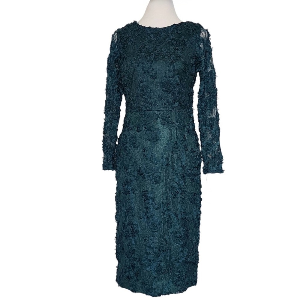 XSCAPE Soutache Lace Long-Sleeve Teal Sheath Dress